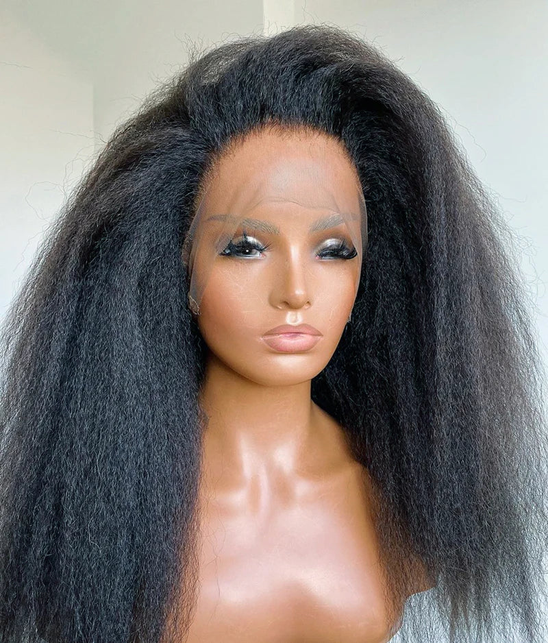 26 inch Kinky Straight 180 Density Black Color Yaki Lace Front Wig