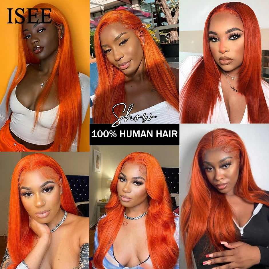 ISEE HAIR Orange Ginger Lace Front Wigs Malaysian Giner Color Straight Lace Front Wigs for Women Human Hair Wigs