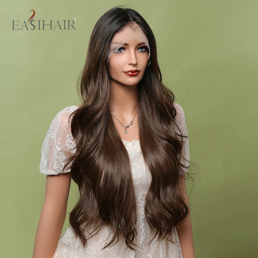 EASIHAIR Ombre Black Dark Brown Lace Front Wigs Middle Part Glueless Long Body Wave Synthetic Lace Hair Wigs for Black Women