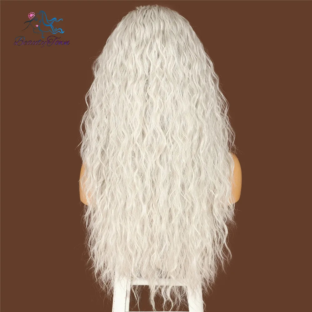 BeautyTown Synthetic Headband Wig Long Kinky Curly Grey White Red 99J Brown Pink Blue Wigs Cosplay Glueless Hair 2 Free Bands