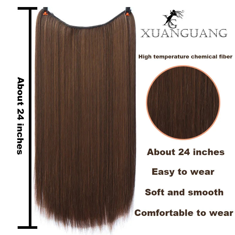 XUANGUANG Synthetic 24inch Invisible Hair Wire Without No Clip Hair Extension Fishing Line Wig Wavy Hair Female False Hair Piece