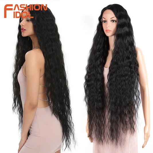 FASHION IDOL 42" Loose Wave Lace Front Wig Hair Synthetic Wigs For Women Ombre Blonde Water Wavy Long Curly Hair Wig Cosplay