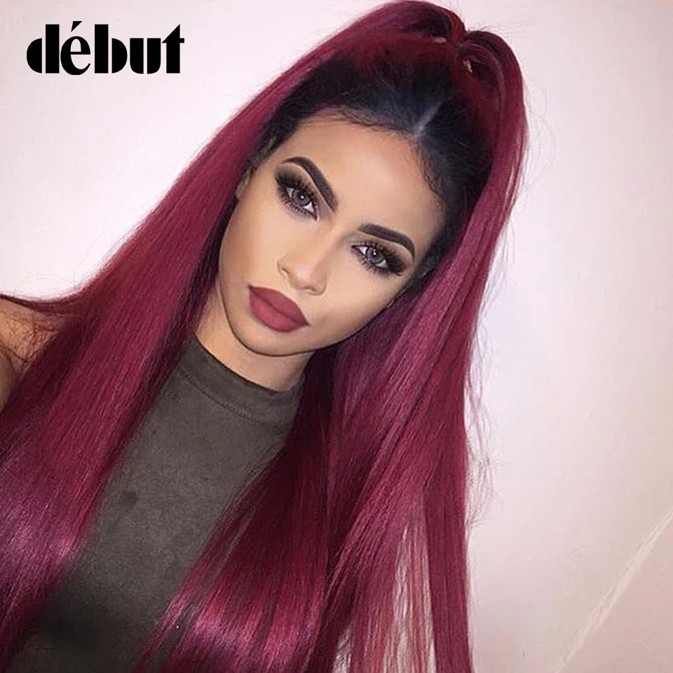 Debut 34 Inches Straight 4*4 Lace Closure Wigs For Women Brazilian Human Hair Wigs Ombre 99J Burgundy Lace Front Wigs Free Ship