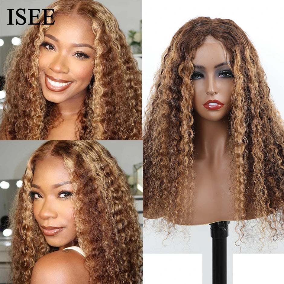 Water Wave Lace Front Wig Highlight Wig Human Hair ISEE HAIR 4/27 Ombre Lace Wig For Women Mongolian Water Wave Lace Closure Wig