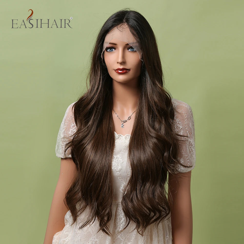 EASIHAIR Ombre Black Dark Brown Lace Front Wigs Middle Part Glueless Long Body Wave Synthetic Lace Hair Wigs for Black Women