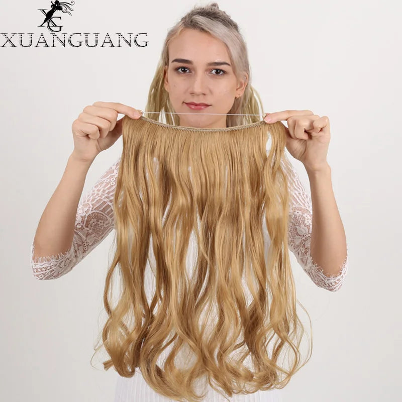 XUANGUANG Synthetic 24inch Invisible Hair Wire Without No Clip Hair Extension Fishing Line Wig Wavy Hair Female False Hair Piece