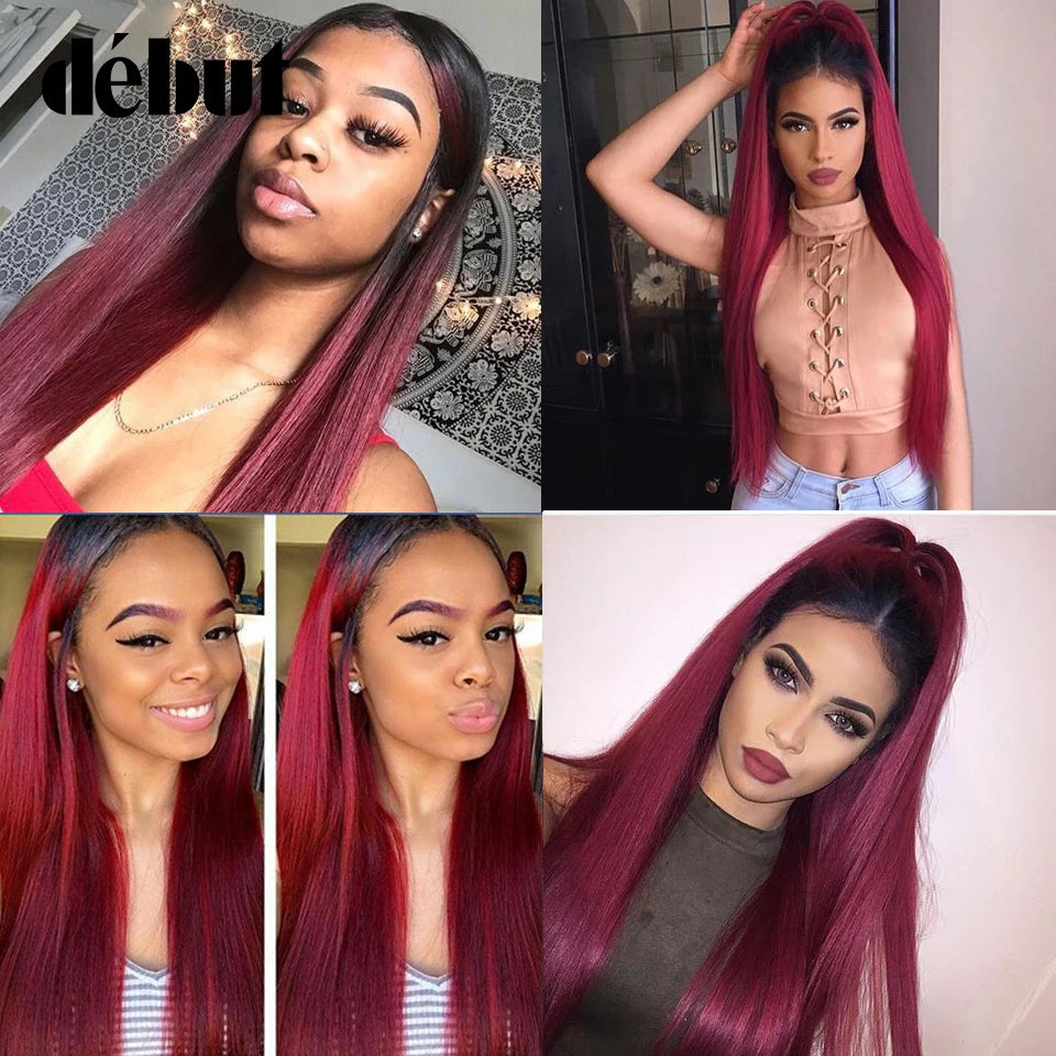 Debut 34 Inches Straight 4*4 Lace Closure Wigs For Women Brazilian Human Hair Wigs Ombre 99J Burgundy Lace Front Wigs Free Ship