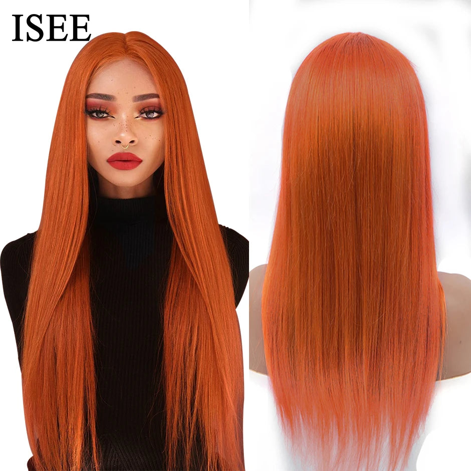 ISEE HAIR Orange Ginger Lace Front Wigs Malaysian Giner Color Straight Lace Front Wigs for Women Human Hair Wigs