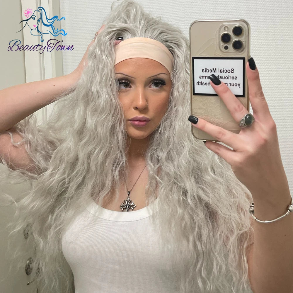 BeautyTown Synthetic Headband Wig Long Kinky Curly Grey White Red 99J Brown Pink Blue Wigs Cosplay Glueless Hair 2 Free Bands