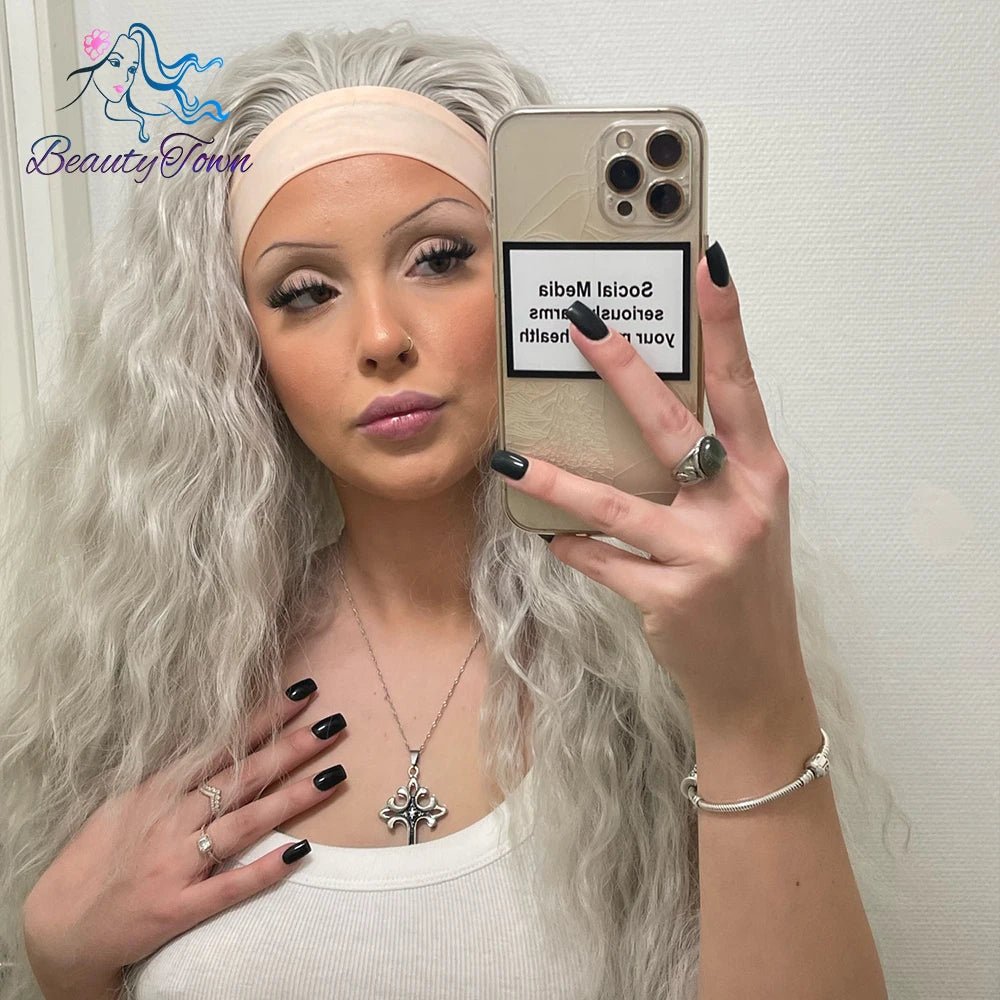 BeautyTown Synthetic Headband Wig Long Kinky Curly Grey White Red 99J Brown Pink Blue Wigs Cosplay Glueless Hair 2 Free Bands