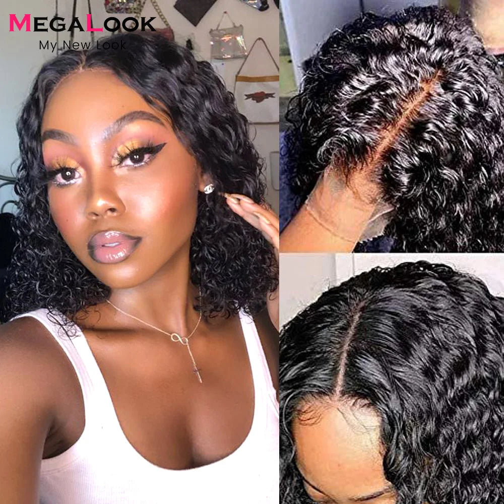 MEAGLOOK Culry Lace Front Human Hair Wig PrePlucked With Baby Hair T Part Remy Brazilian Human Hair Wigs For Women Short Bob Wig