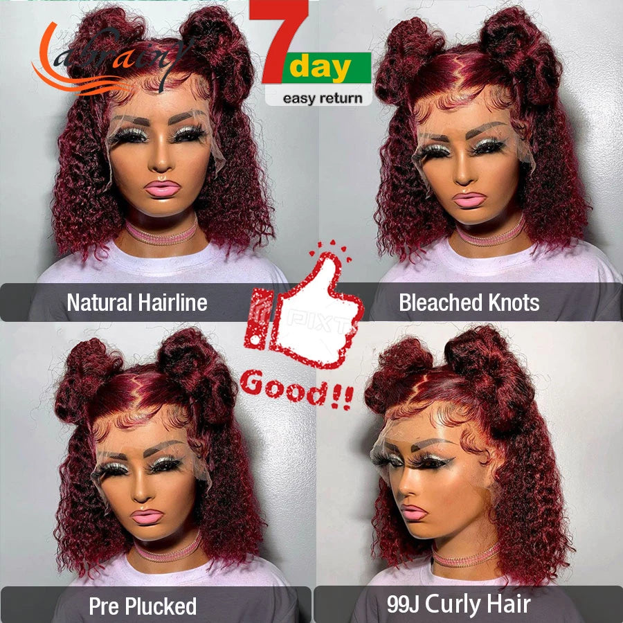 13x4 Curly Bob Burgundy Pixie HD Lace Frontal Human Hair Wigs 99J Red Lace Front Wig Colored Straight Deep Wave Brazilian 13x6x2