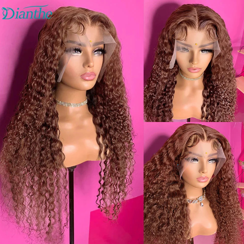 13x4 Transparent Dark Brown Deep Wave Frontal Wig Chocolate Brown Pre Plucked with Baby Hair Lace Front Human Hair Wigs Dianthe