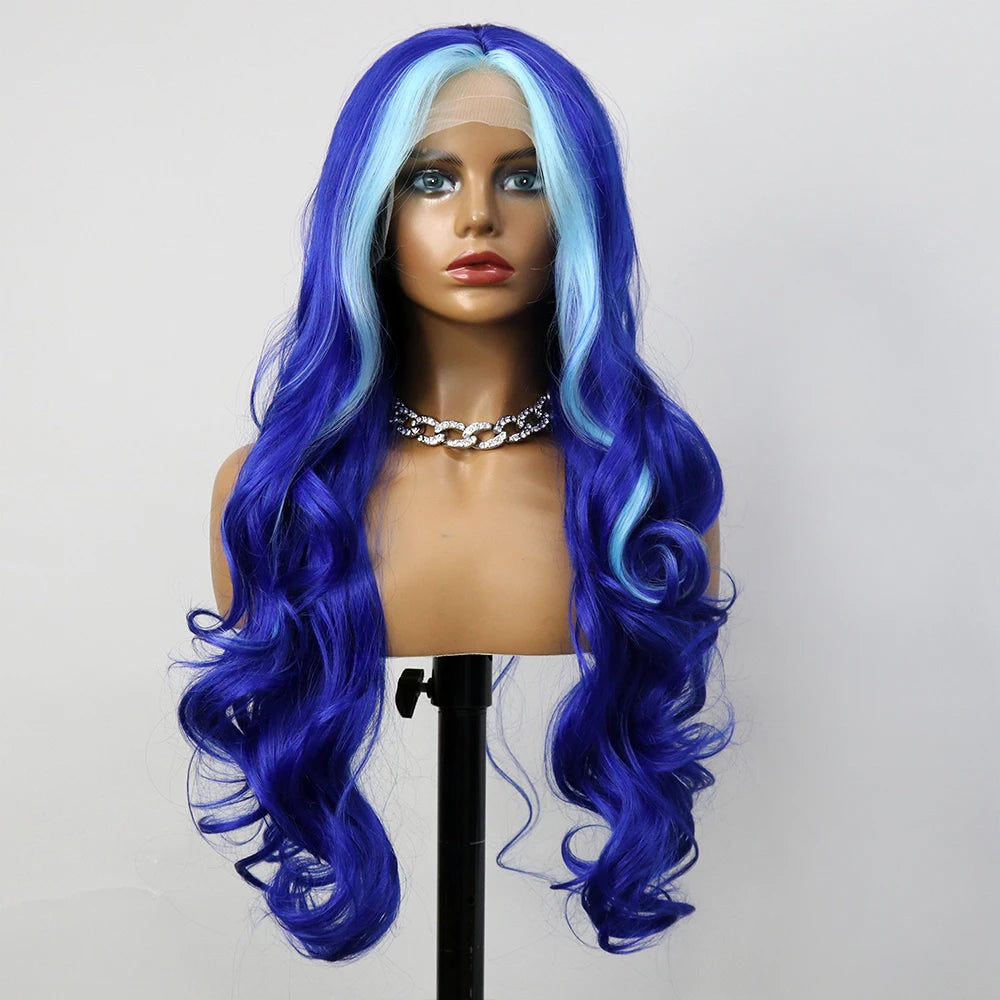 Highlight Blue Color Synthetic 30Inch Wig Loose Wave 13X4 Lace Front Drag Queen Cosplay Wigs For Black Women Pre Plucked