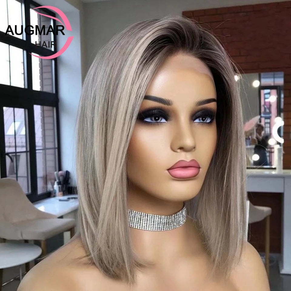 13x4 Ash Grey Bob Human Hair Wigs Transparent 13x6 HD Lace Frontal Wig Short Brown Highlight Bob Wig Lace Front Human Hair Wigs