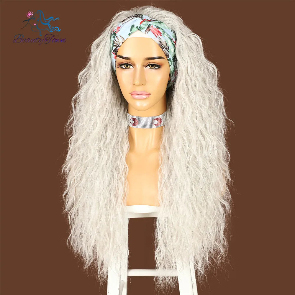 BeautyTown Synthetic Headband Wig Long Kinky Curly Grey White Red 99J Brown Pink Blue Wigs Cosplay Glueless Hair 2 Free Bands