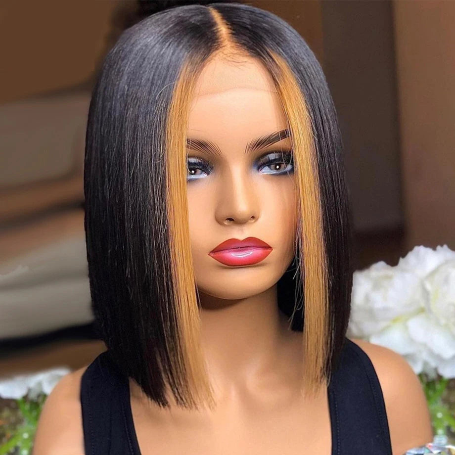 Bone Straight Lace Frontal Wig For Black Women Highlight Ombre Short Bob Wig Brazilian Glueless 13x4 Lace Front Human Hair Wig