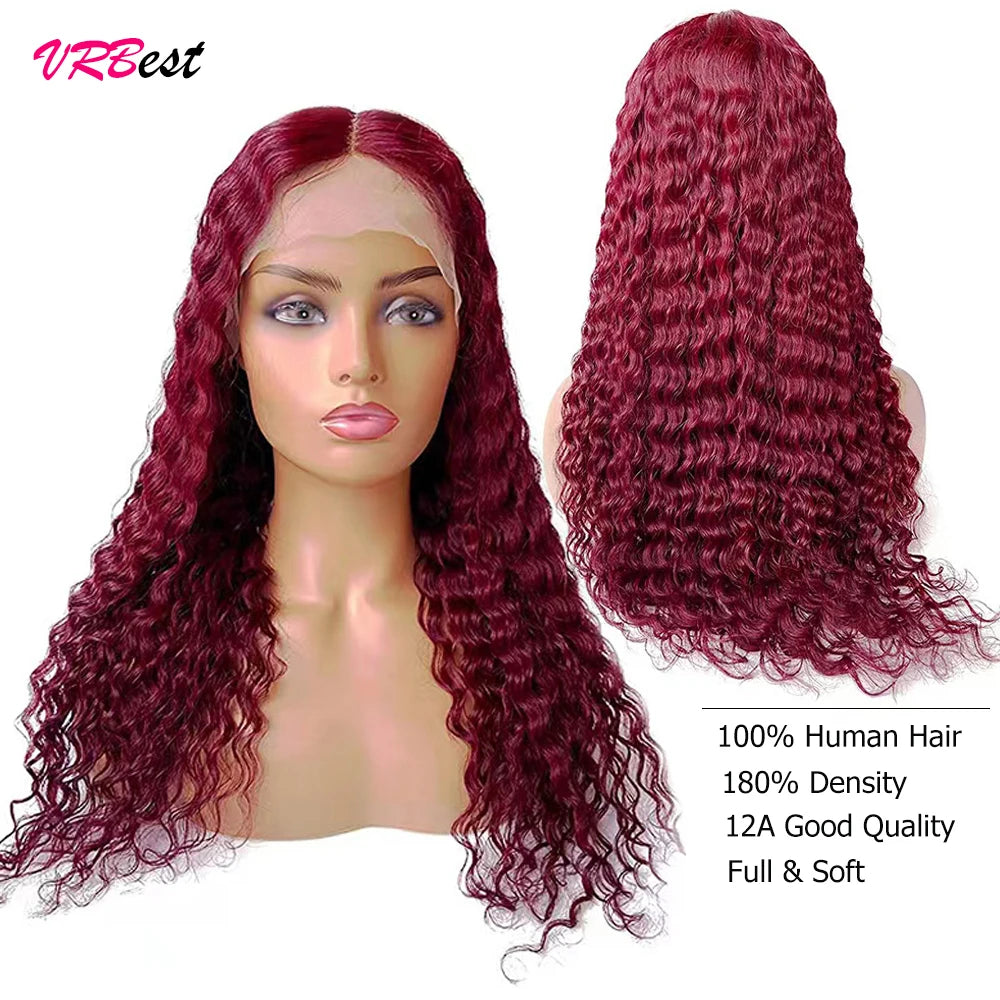 99j Deep Wave Frontal Wig Burgundy Lace Front Wig Human Hair Water Wave 13x4 HD Transparent Full Lace Front Human Hair Wigs