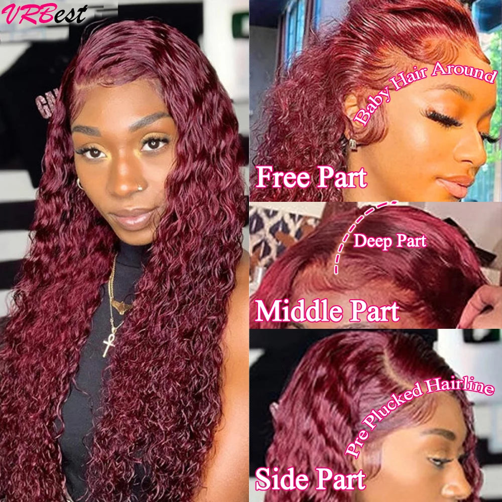 99j Deep Wave Frontal Wig Burgundy Lace Front Wig Human Hair Water Wave 13x4 HD Transparent Full Lace Front Human Hair Wigs