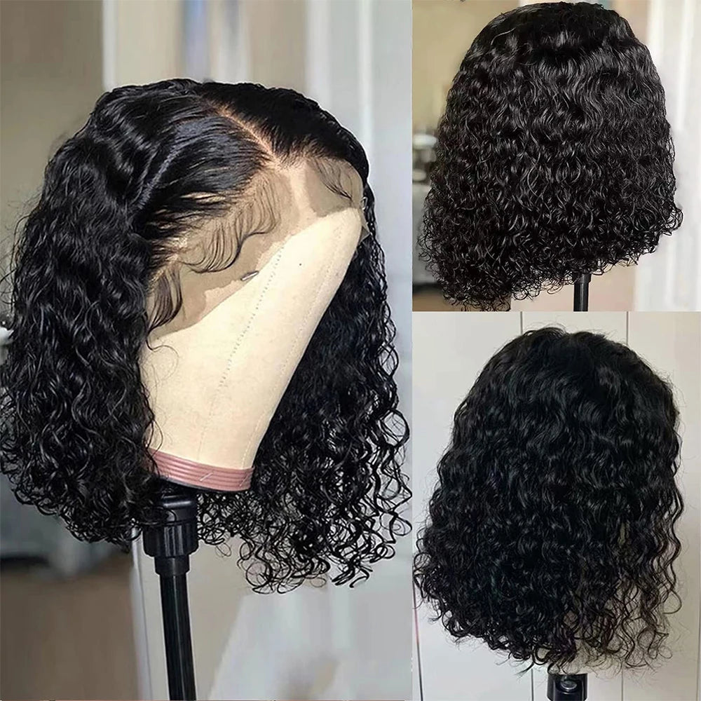 Glueless Short Curly Human Hair Bob Wig Water Lace Front Human Hair Wigs For Women Pre Plucked Peruvian 13x4 Lace Front Wig 180%