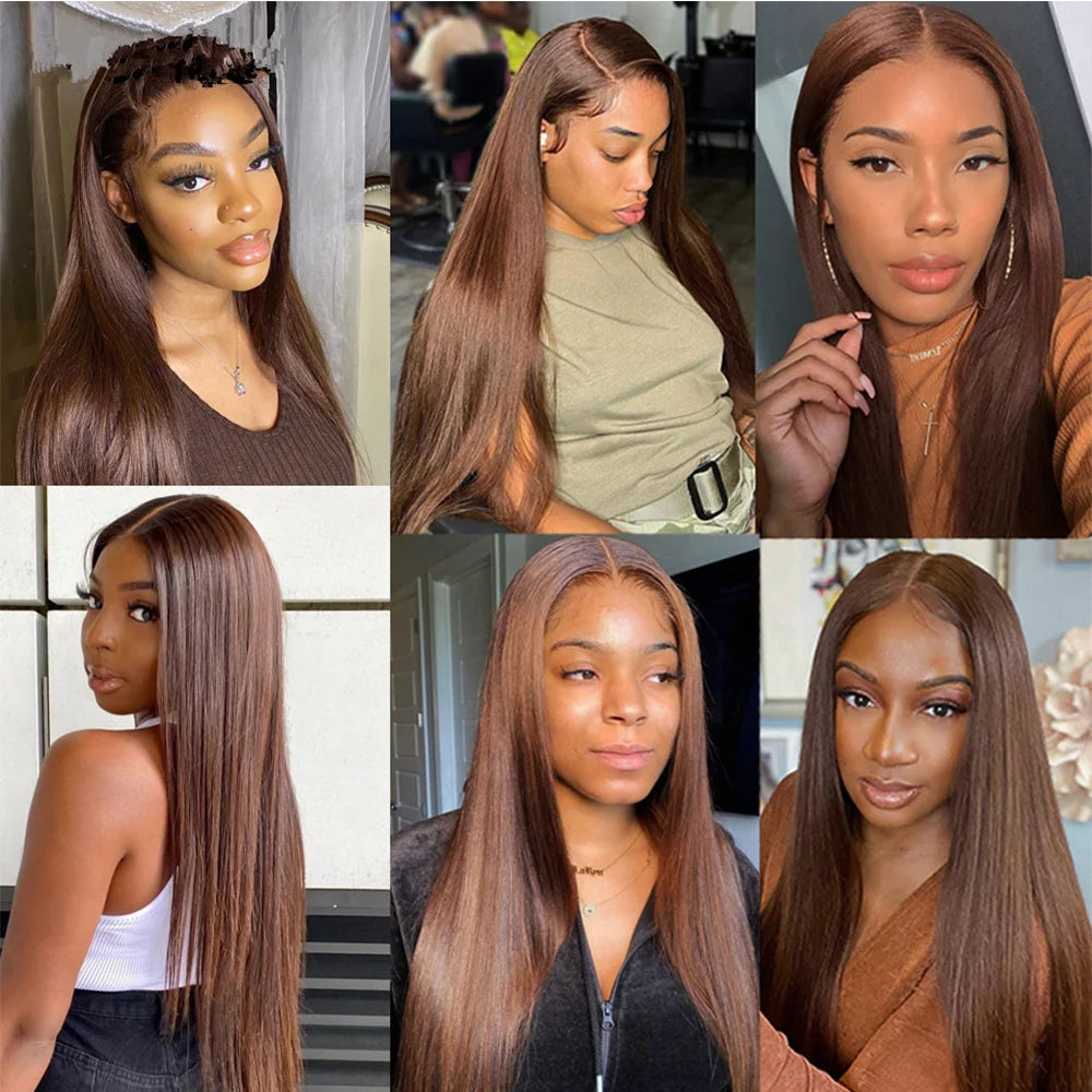 13x4 Chocolate Brown Straight Lace Front Wig 180% Hd Transparent Lace Frontal Wig Pre Plucked Colored Human Hair Wigs For Women