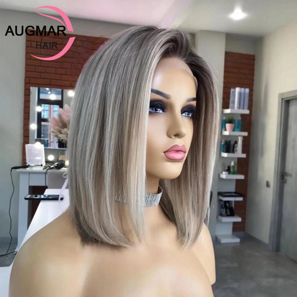 13x4 Ash Grey Bob Human Hair Wigs Transparent 13x6 HD Lace Frontal Wig Short Brown Highlight Bob Wig Lace Front Human Hair Wigs