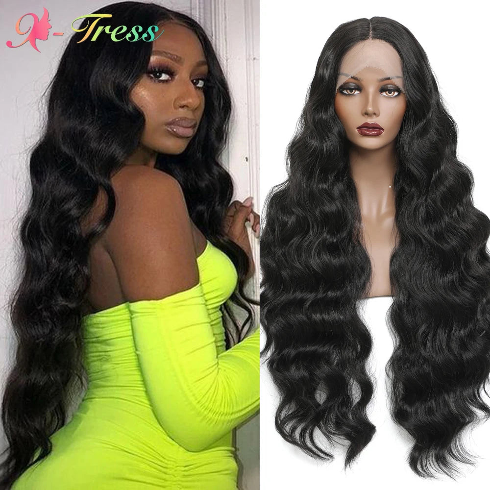 X-TRESS Synthetic Lace Front Wig for Black Women Black Color 32 Inch Long Body Wave Hair Lace Wigs with Baby Hair Heat Resistant