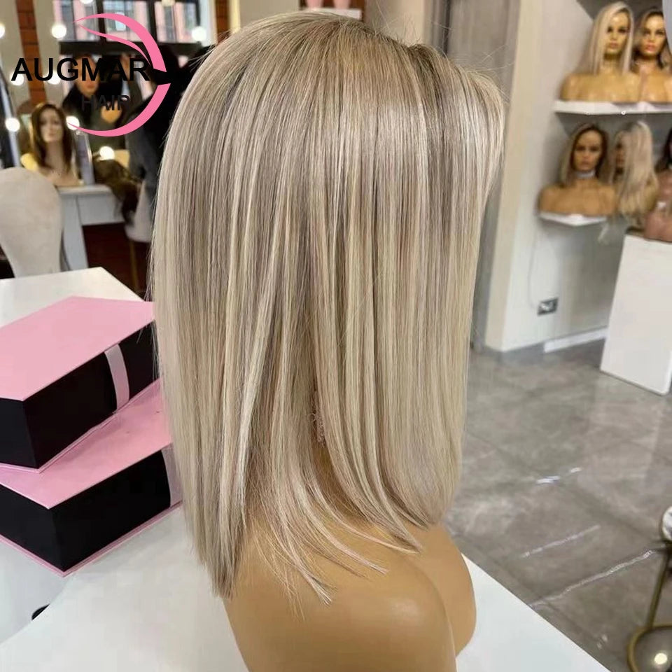 13x4 Short Bob Highlight Wig Human Hair 13x6 HD Lace Frontal Wig Ash Blonde 360 Straight Lace Front Human Hair Wigs For Women