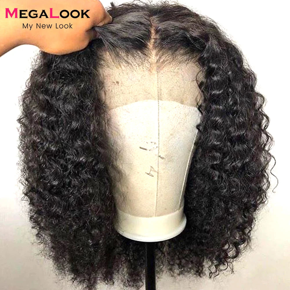 MEAGLOOK Culry Lace Front Human Hair Wig PrePlucked With Baby Hair T Part Remy Brazilian Human Hair Wigs For Women Short Bob Wig