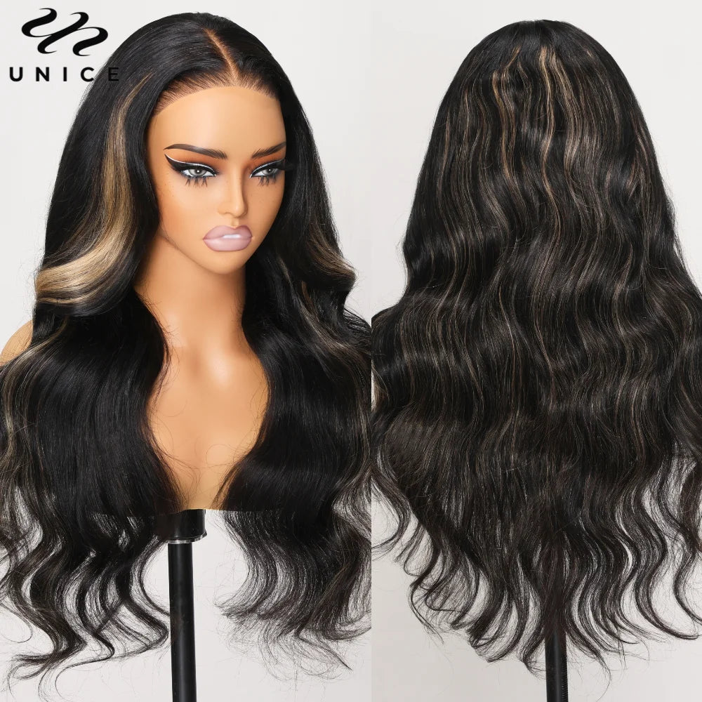 Glamorous Blonde Highlighted Body Wave Human Hair Lace Front Wig Unit