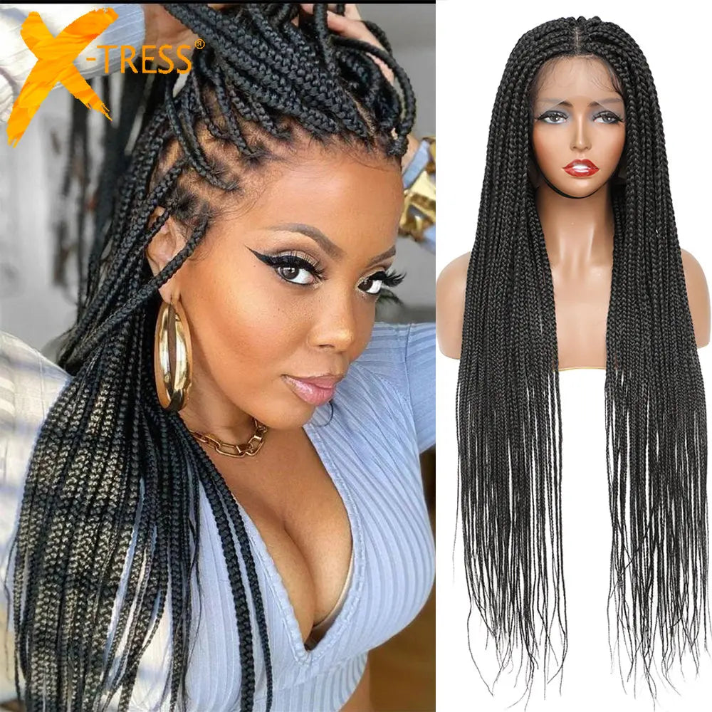 X-TRESS 32" Full Lace Front Box Braided Synthetic Wigs Knotless Cornrow Braids Black Lace Frontal Wigs With Baby Hair for Women