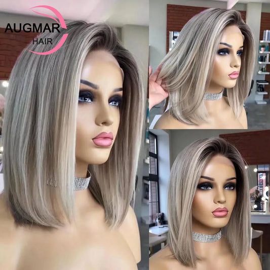 13x4 Ash Grey Bob Human Hair Wigs Transparent 13x6 HD Lace Frontal Wig Short Brown Highlight Bob Wig Lace Front Human Hair Wigs