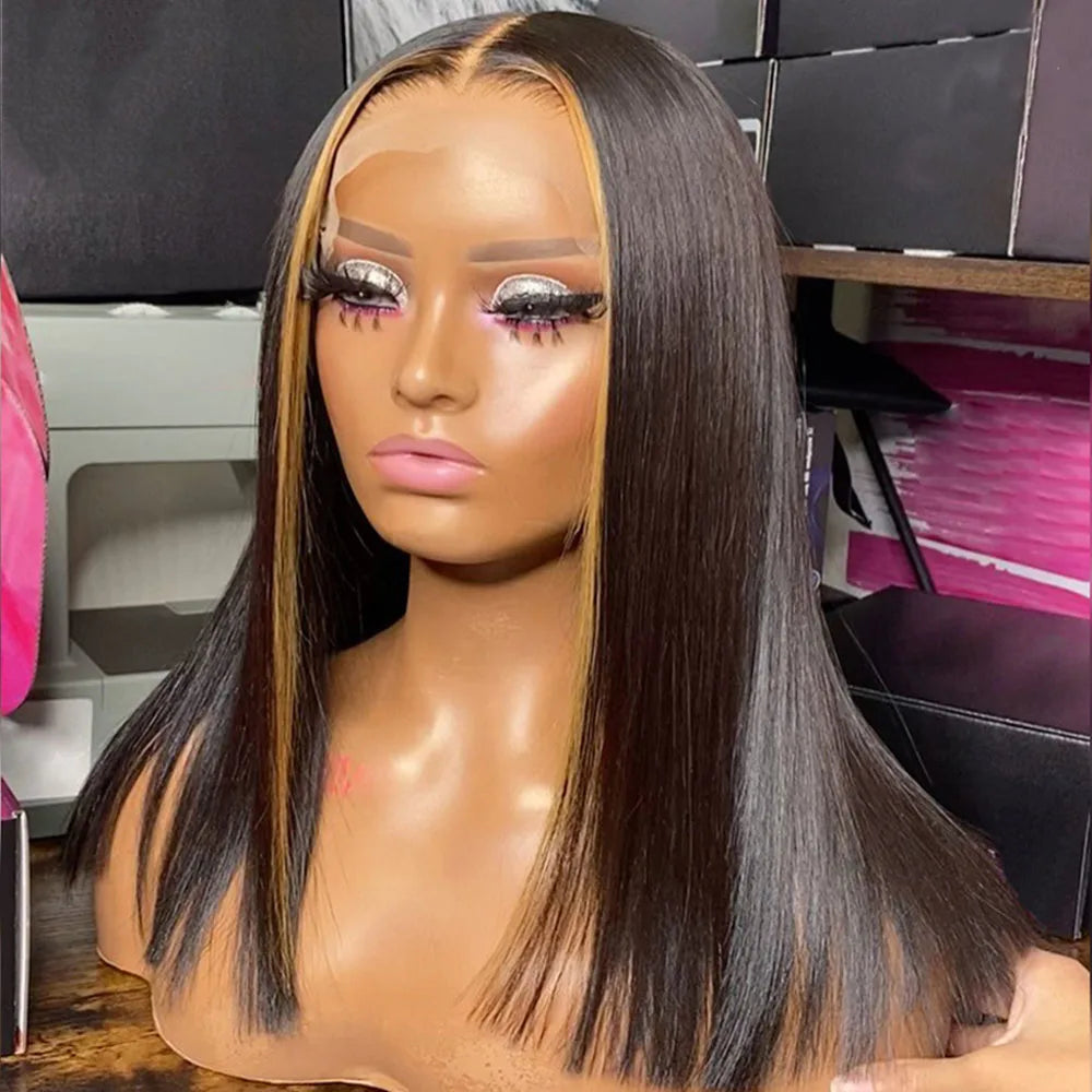 Bone Straight Lace Frontal Wig For Black Women Highlight Ombre Short Bob Wig Brazilian Glueless 13x4 Lace Front Human Hair Wig