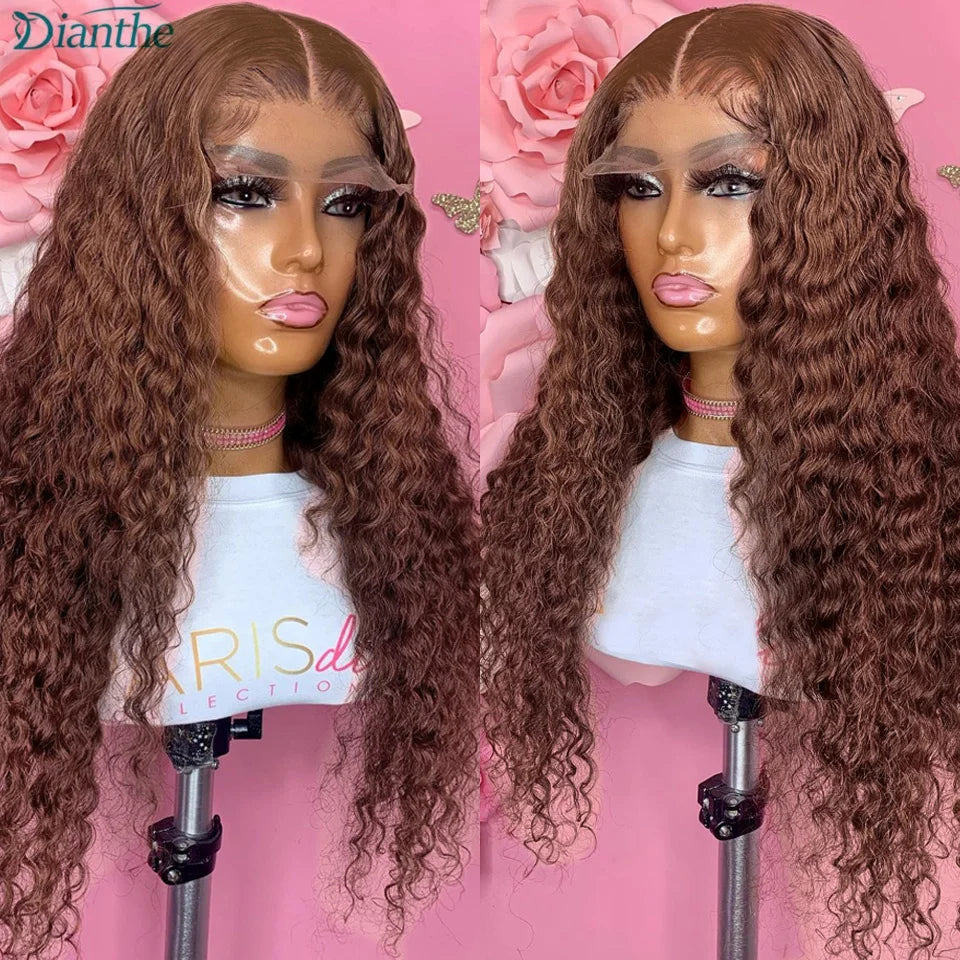 13x4 Transparent Dark Brown Deep Wave Frontal Wig Chocolate Brown Pre Plucked with Baby Hair Lace Front Human Hair Wigs Dianthe