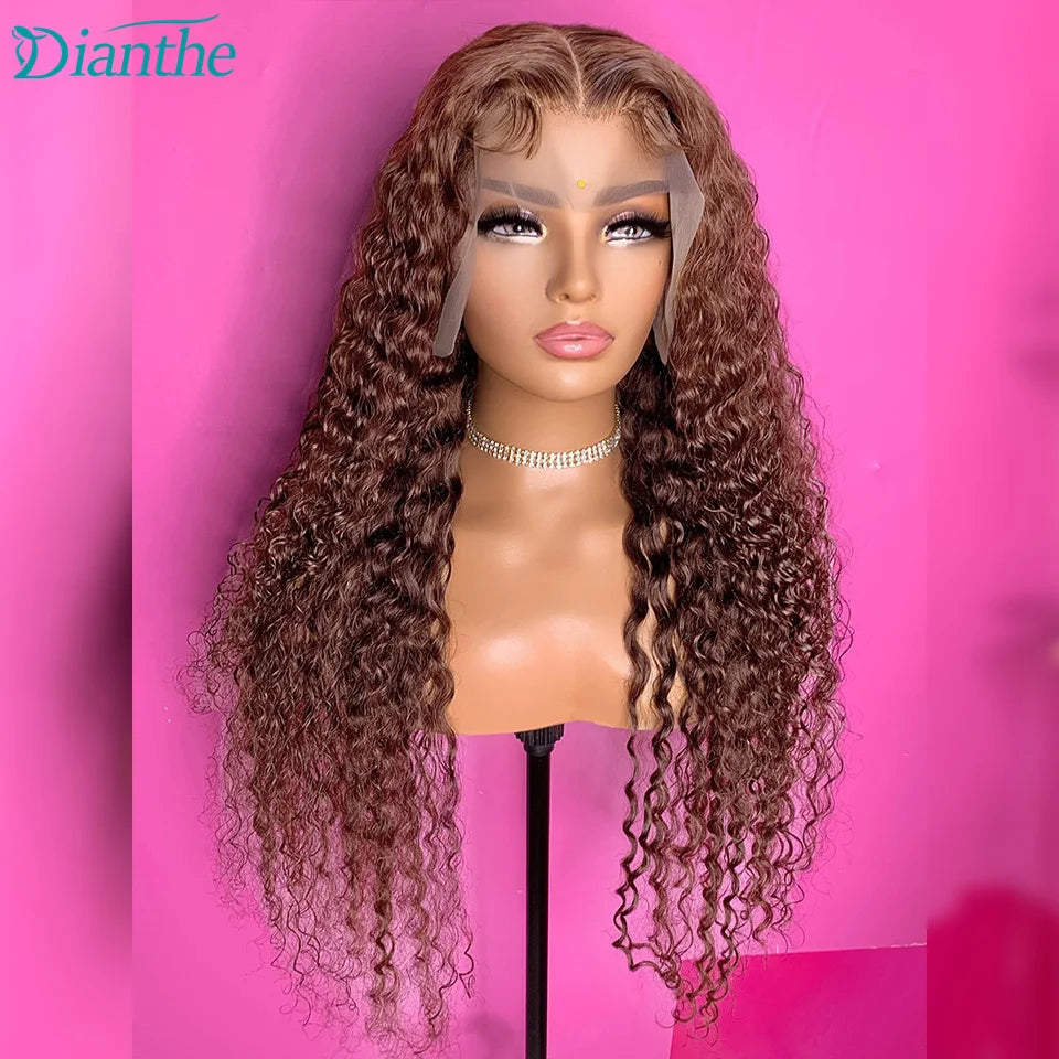 13x4 Transparent Dark Brown Deep Wave Frontal Wig Chocolate Brown Pre Plucked with Baby Hair Lace Front Human Hair Wigs Dianthe