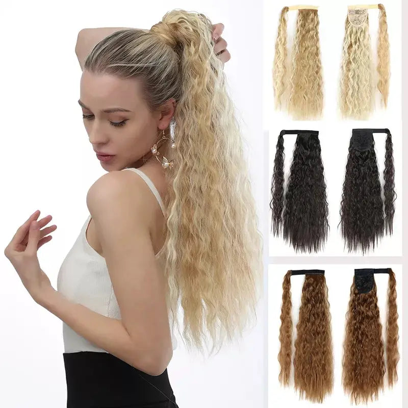 Synthetic Corn Wavy Long Ponytail For Women Hairpiece Wrap On Clip Hair Extensions Black Brown Pony Tail