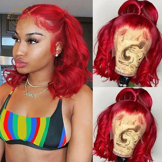 Red Bob Lace Frontal Wigs Yellow 99j Burgundy Wavy Curly 13X4 Lace Front Wig Full Density Colored Human Hair Wigs Closure Wigs