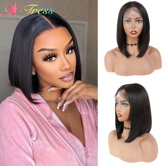 X-TRESS 16 Inch Short Straight Synthetic Bob Wig Middle Part Lace Front Wigs With Body Hair Natural Daily Hairstyle for Women