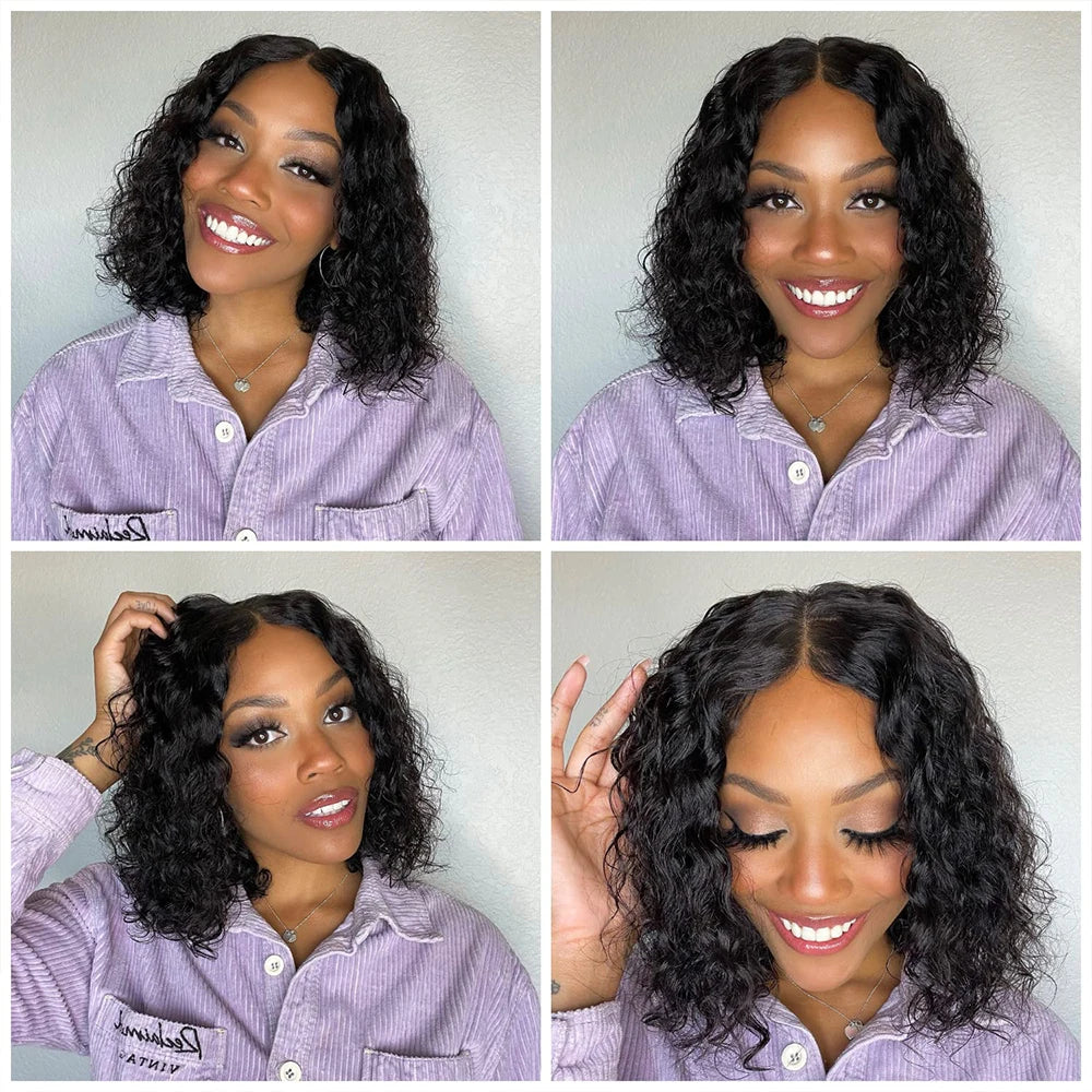 Glueless Short Curly Human Hair Bob Wig Water Lace Front Human Hair Wigs For Women Pre Plucked Peruvian 13x4 Lace Front Wig 180%