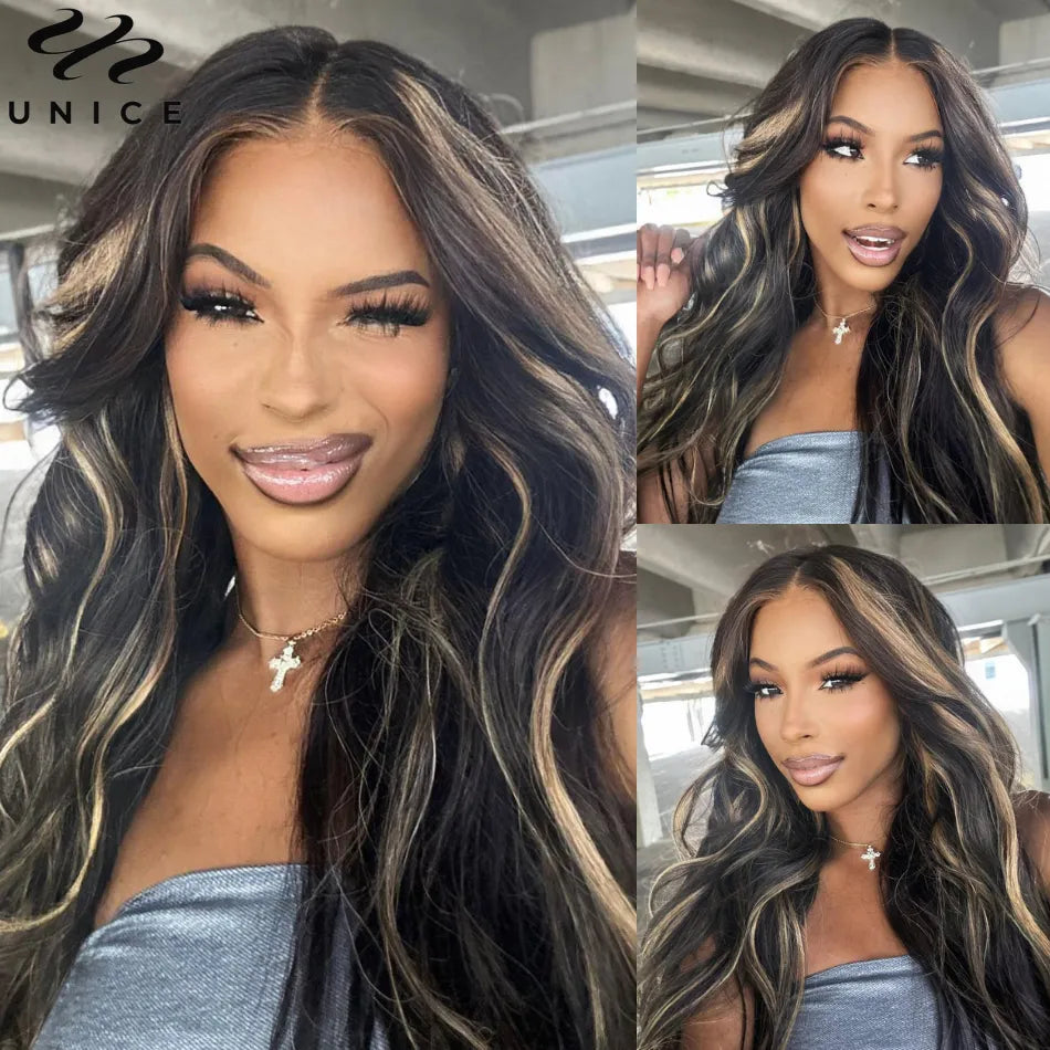 Glamorous Blonde Highlighted Body Wave Human Hair Lace Front Wig Unit