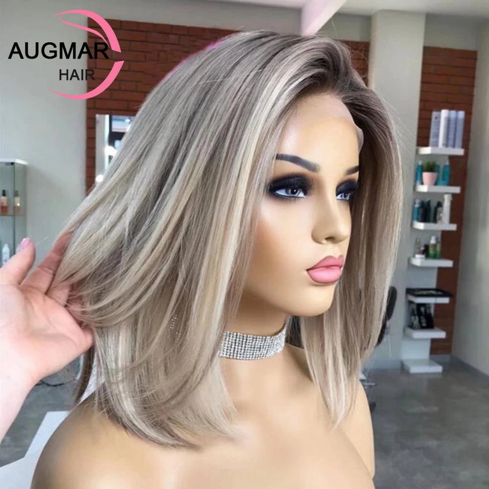 13x4 Ash Grey Bob Human Hair Wigs Transparent 13x6 HD Lace Frontal Wig Short Brown Highlight Bob Wig Lace Front Human Hair Wigs