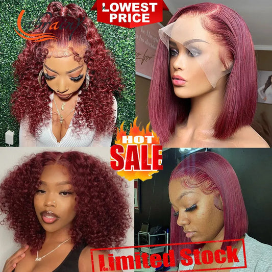 13x4 Curly Bob Burgundy Pixie HD Lace Frontal Human Hair Wigs 99J Red Lace Front Wig Colored Straight Deep Wave Brazilian 13x6x2