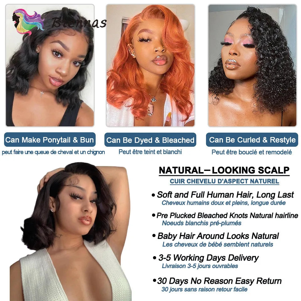 Body Wave Bob Wig 13x4 Peruvian Body Wave Lace Front Wigs Natural Color Preplucked Human Hair Lace Frontal Wigs For Black Women