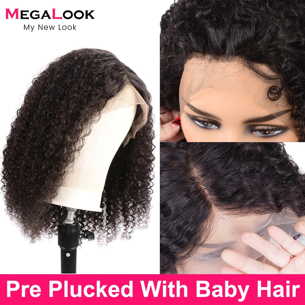 MEAGLOOK Culry Lace Front Human Hair Wig PrePlucked With Baby Hair T Part Remy Brazilian Human Hair Wigs For Women Short Bob Wig