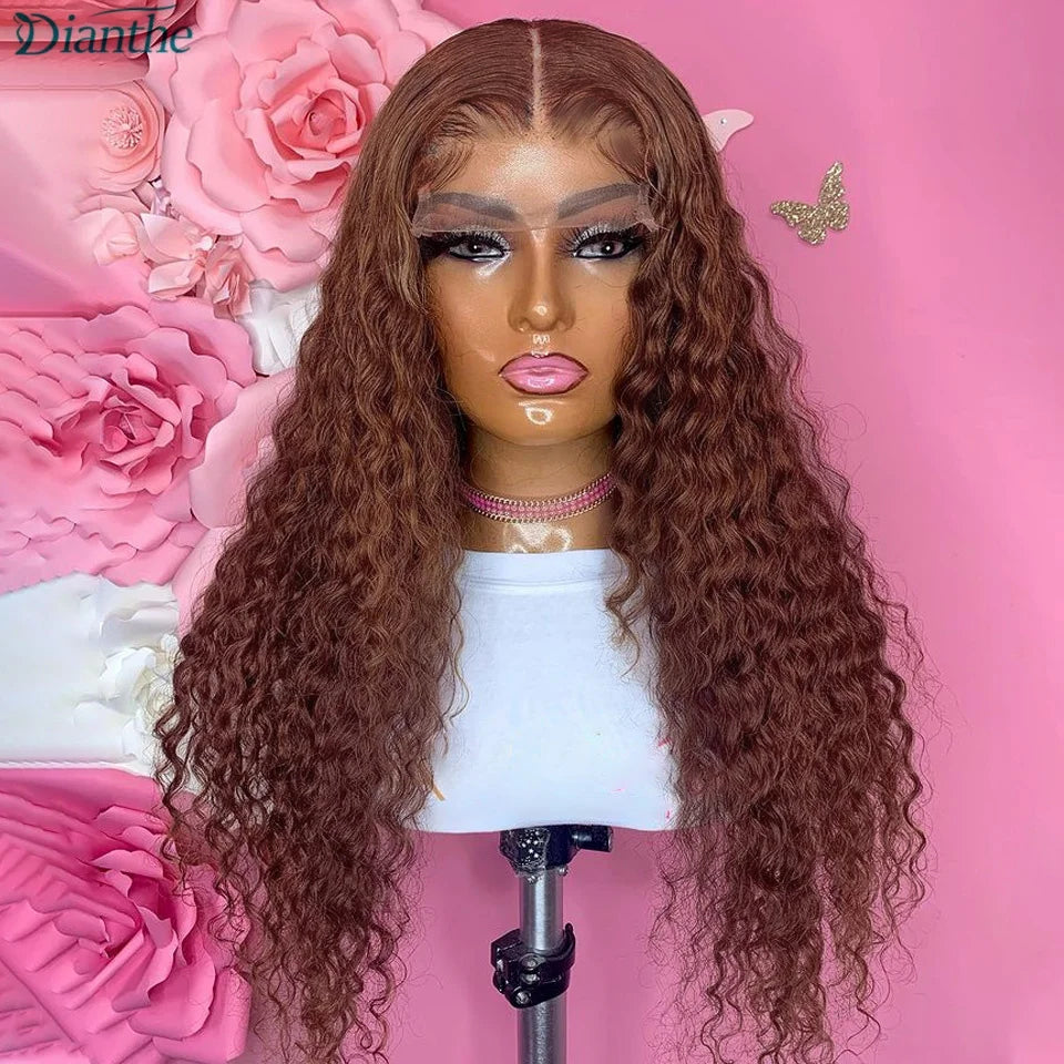 13x4 Transparent Dark Brown Deep Wave Frontal Wig Chocolate Brown Pre Plucked with Baby Hair Lace Front Human Hair Wigs Dianthe