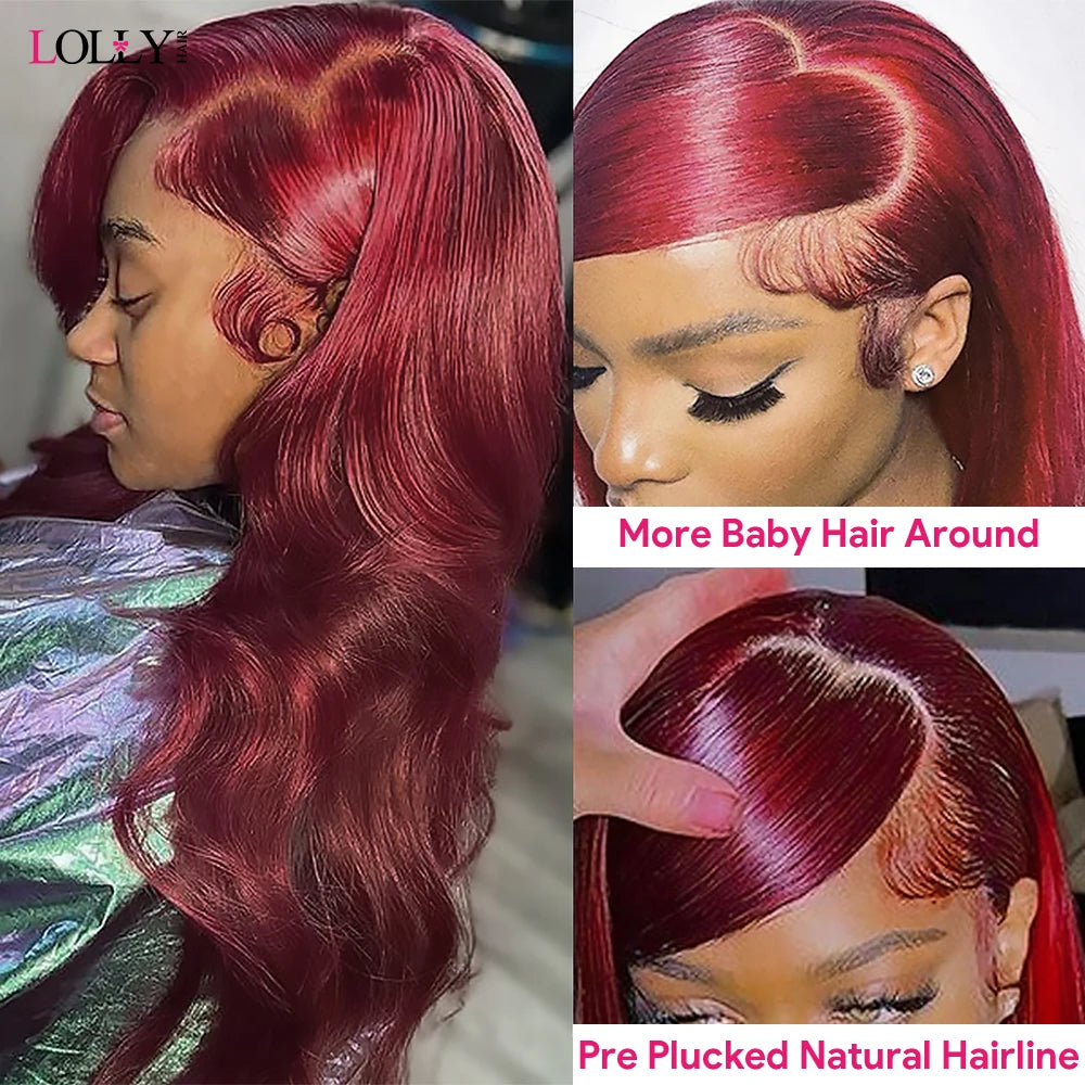 Burgundy Goddess Human Hair Transparent Lace Frontal Body Wave Wig Color 99J