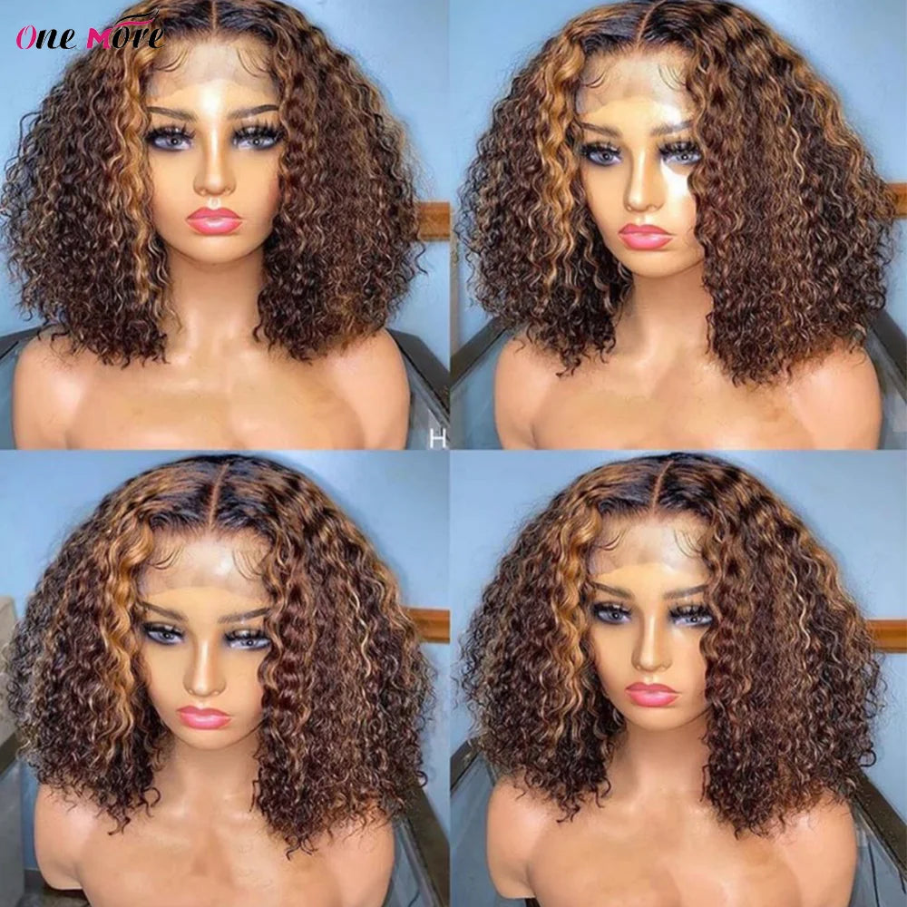 Short Bob Wig Highlight Wig Human Hair Kinky Curly Bob Lace Front Wig 13x4 Ombre Lace Front Human Hair Wigs 4x4 Closure Wig 180%