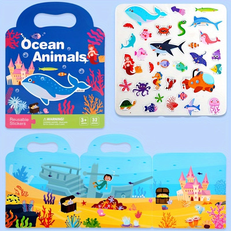 Educational Reusable Activity Books for Kids - 3 Pack, Interactive Learning Themes: Space, Dinosaurs, Animals, Ocean Life, Bugs, and Vehicles with 30 Reusable Pieces Each