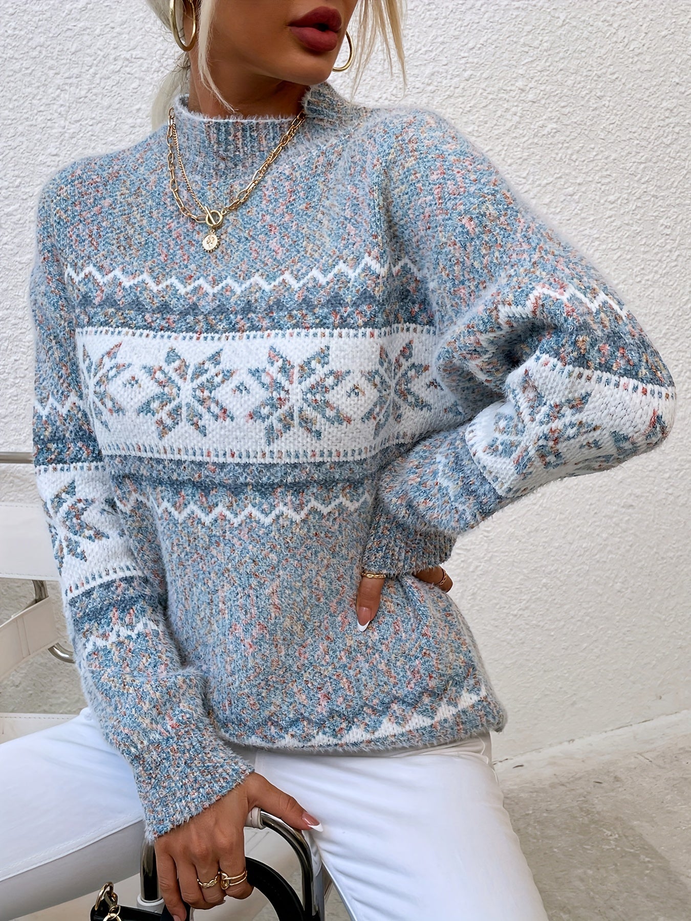 Casual Women's Long Sleeve Snowflake Pattern Mock Neck Sweater for Fall & Winter