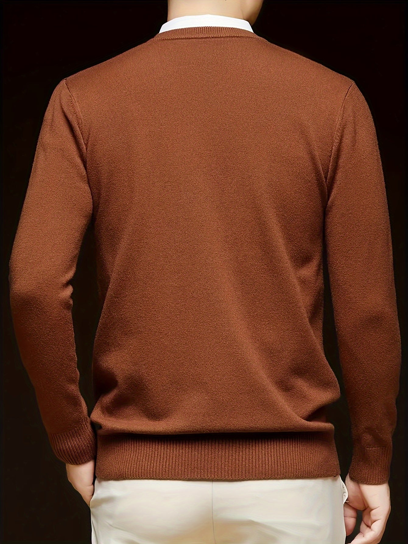 Men's Casual V-Neck Knit Sweater - Solid Color, Stretch Fabric, Long Sleeve Pullover for Fall & Winter